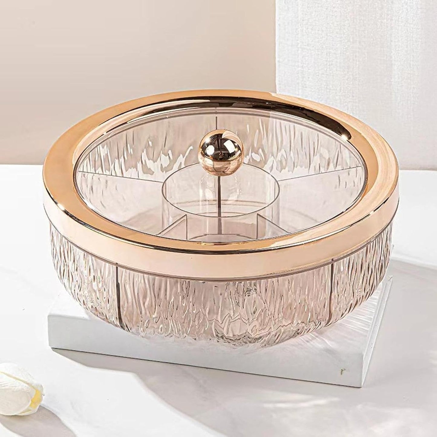 Amagogo Divided Serving Tray with Transparent Lid Snack Tray Rotatable Base Appetizer Platter with 6 Compartments Dessert Dish Suitable for Gift Giving Home D, Golden Bow