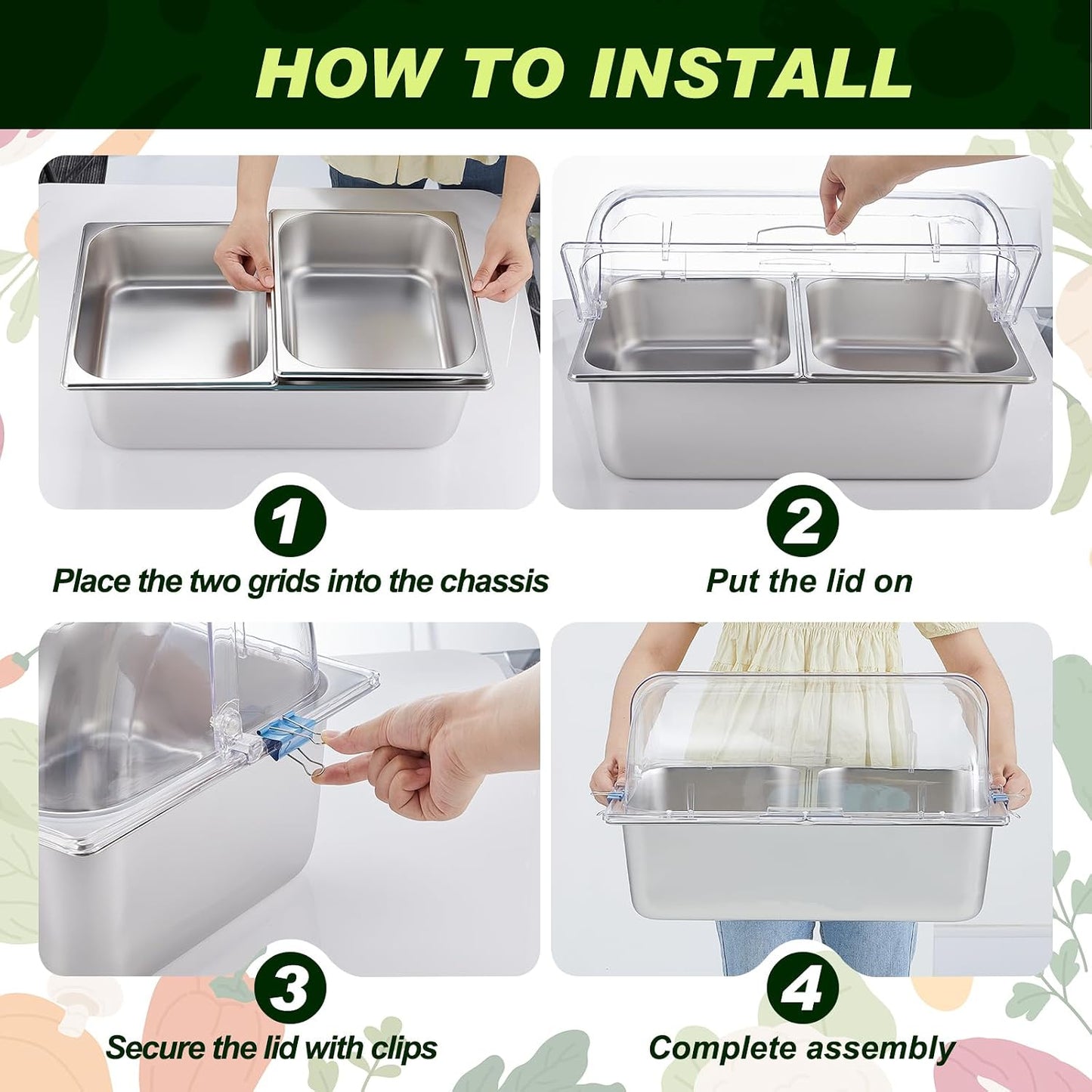 Condiment Tray Stainless Steel Serving Display Set with Lid for Buffet Restaurant Kitchen, Food Chilled Container for Salad Fruit Condiments, Keeps Food Fresh with Ice Box(6 Compartments)