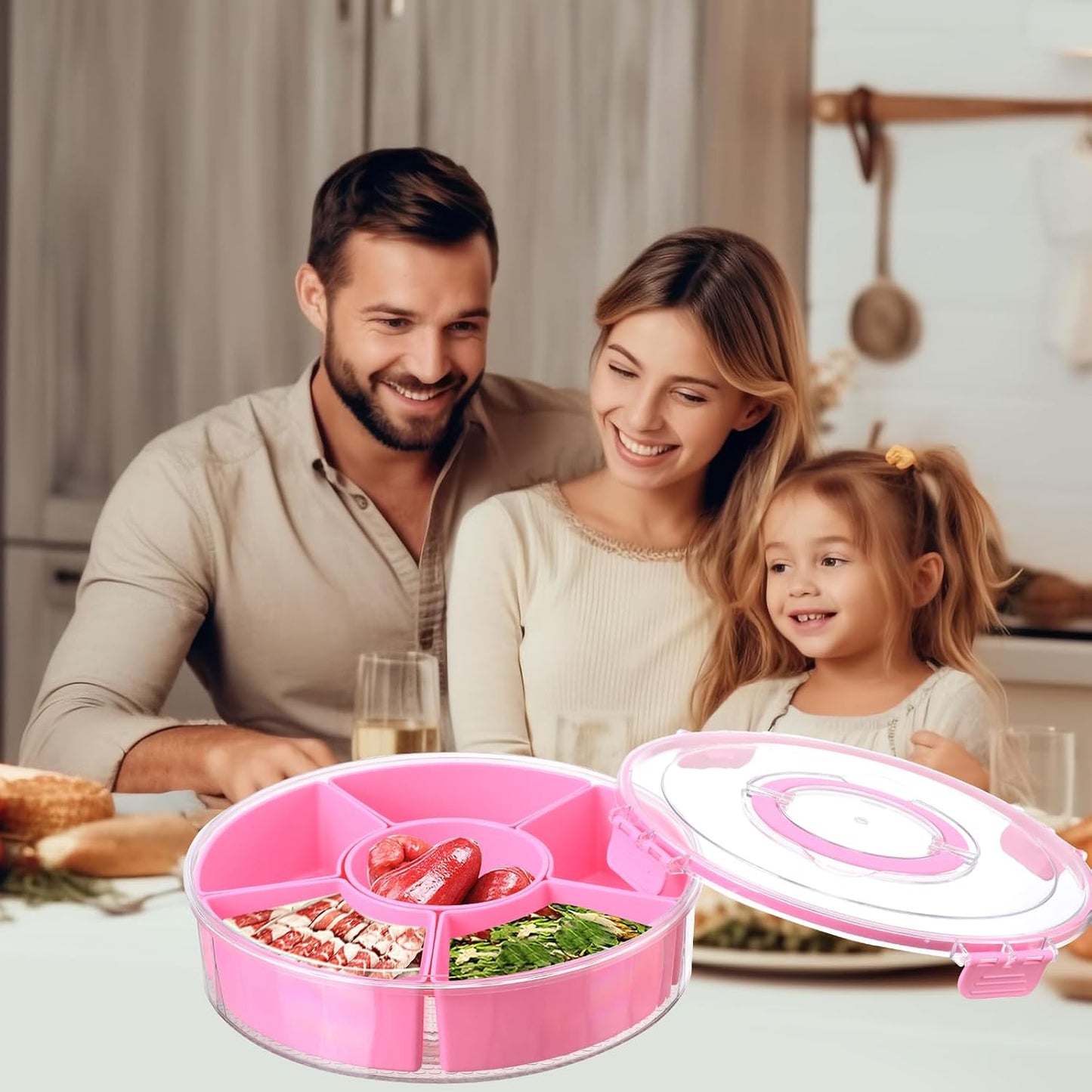 Small Divided Rotating Serving Tray with Lid and Handle,Portable Snackle Box Container,Spinner Organizer and Storage for Adults,Child,Fruits,Candy,Nuts,Veggie,Charcuterie,Snacks,Picnic,Travel, Party