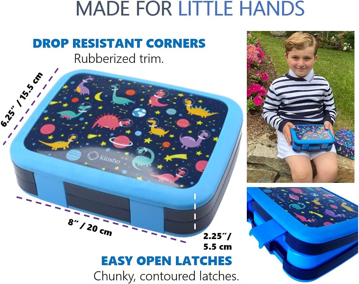 Kids Lunch Box - Bento Box for Boys Toddler Daycare, 4 Portion Sections with Lid, Snack Container Pre-School Kid Lunches Toddlers Removable Tray BPA Free, 3+ Years Old, Blue Rocket Dinosaur