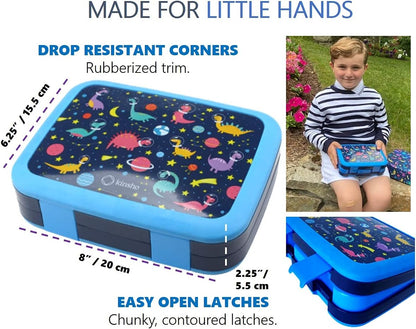 Kids Lunch Box - Bento Box for Boys Toddler Daycare, 4 Portion Sections with Lid, Snack Container Pre-School Kid Lunches Toddlers Removable Tray BPA Free, 3+ Years Old, Blue Rocket Dinosaur