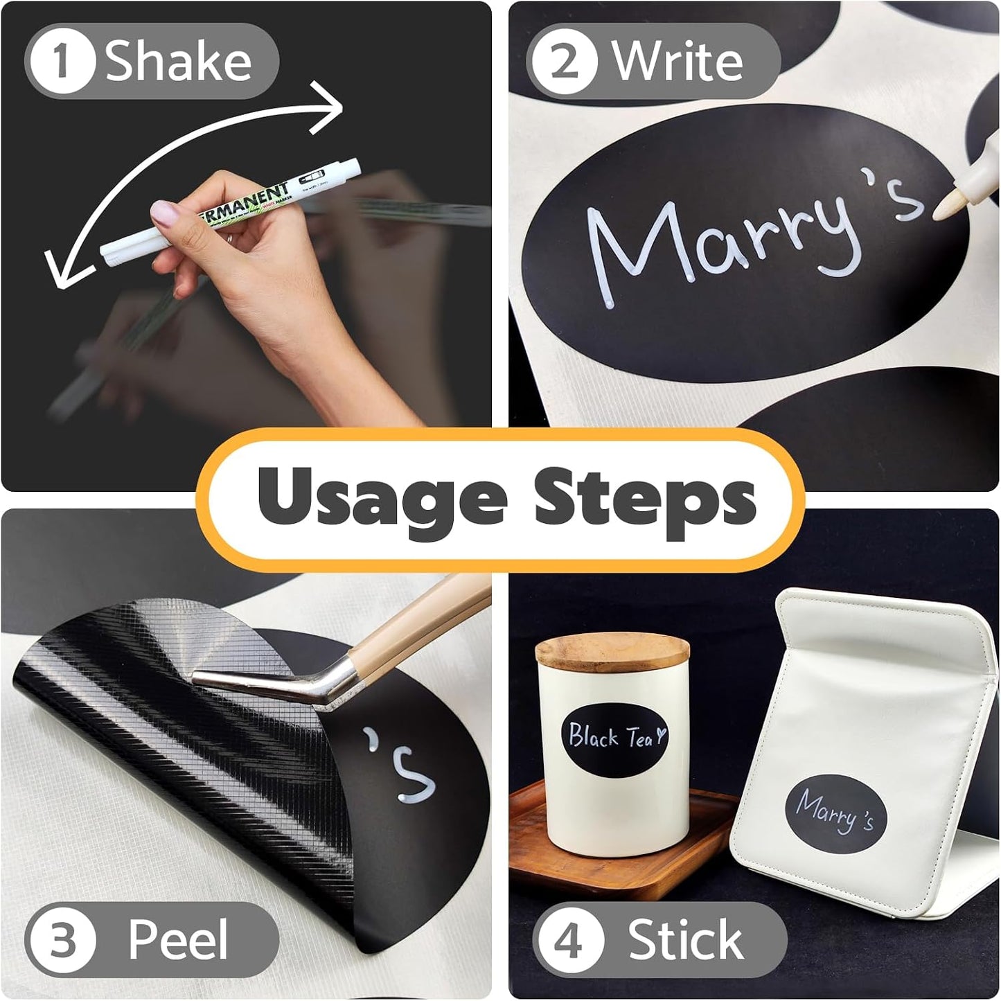 JIEHENG 180Pcs Chalkboard Labels for Jars,Removable Stickers with 1 Liquid Chalk Markers(Black, Wavy)