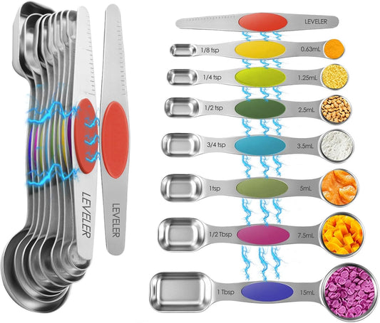 Stainless Steel Magnetic Measuring Spoons Set of 8, 7 Nesting Magnetic Measuring Spoons, 1 Leveler, Dual Sided, Durable Stainless Steel Metal