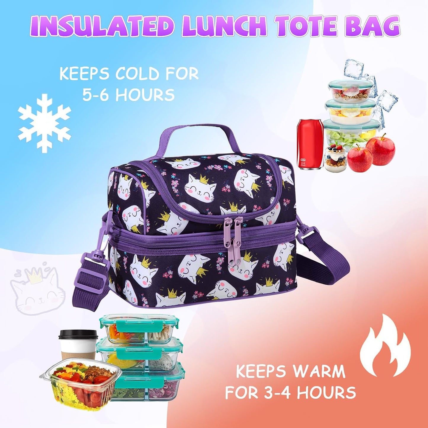 Lunch Bag for Girls,ChaseChic Insulated Lightweight Lunch Boxes for Kids Boys Dual Compartment Lunch Organizer Leak-Proof Cooler Bag with Detachable Adjustable Shoulder Strap,Purple Butterflies