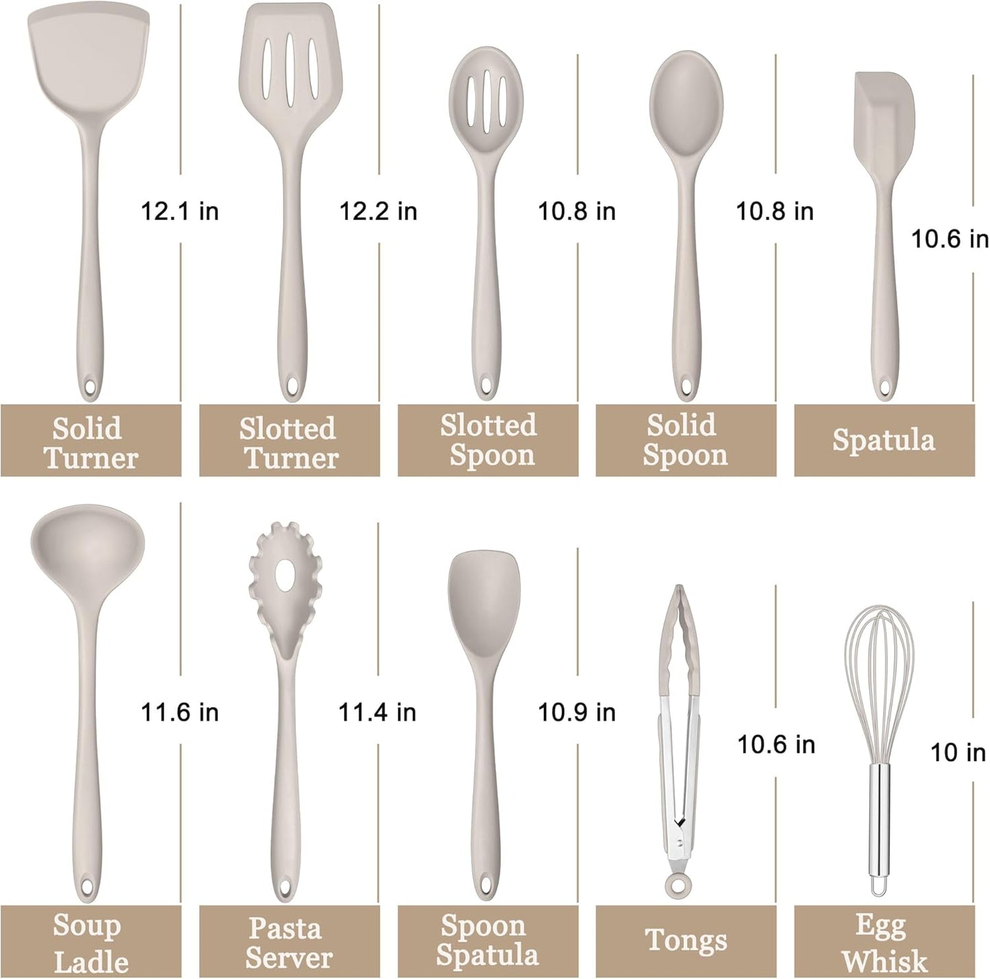 E-far 10 Pieces Silicone Cooking Utensils Set, Heat Resistant Kitchen Utensil Set for Nonstick Cookware, Kitchen Cooking Tools with Spatula, Spoon, Slotted Turner, Non-Toxic & Dishwasher Safe (Khaki)
