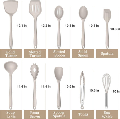 E-far 10 Pieces Silicone Cooking Utensils Set, Heat Resistant Kitchen Utensil Set for Nonstick Cookware, Kitchen Cooking Tools with Spatula, Spoon, Slotted Turner, Non-Toxic & Dishwasher Safe (Khaki)