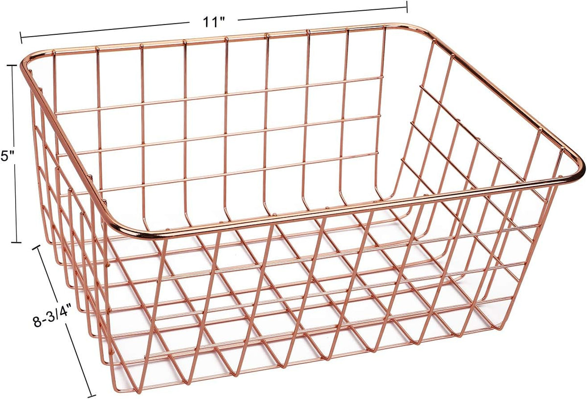 Jucoan 4 Pack Metal Wire Storage Baskets, Rose Gold Wire Baskets with Handles, Pantry Organizer Storage Bins for Kitchen, Freezer, Closet, Laundry Room, Cabinets