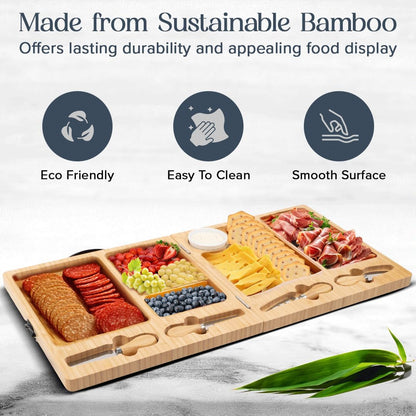 Charcuterie Boards Set - Large Bamboo Cheese Board with Charcuterie Accessories - Wooden Cheese Platter - Foldable Charcuterie Board for House Warming Gifts New Home & Wedding Gifts