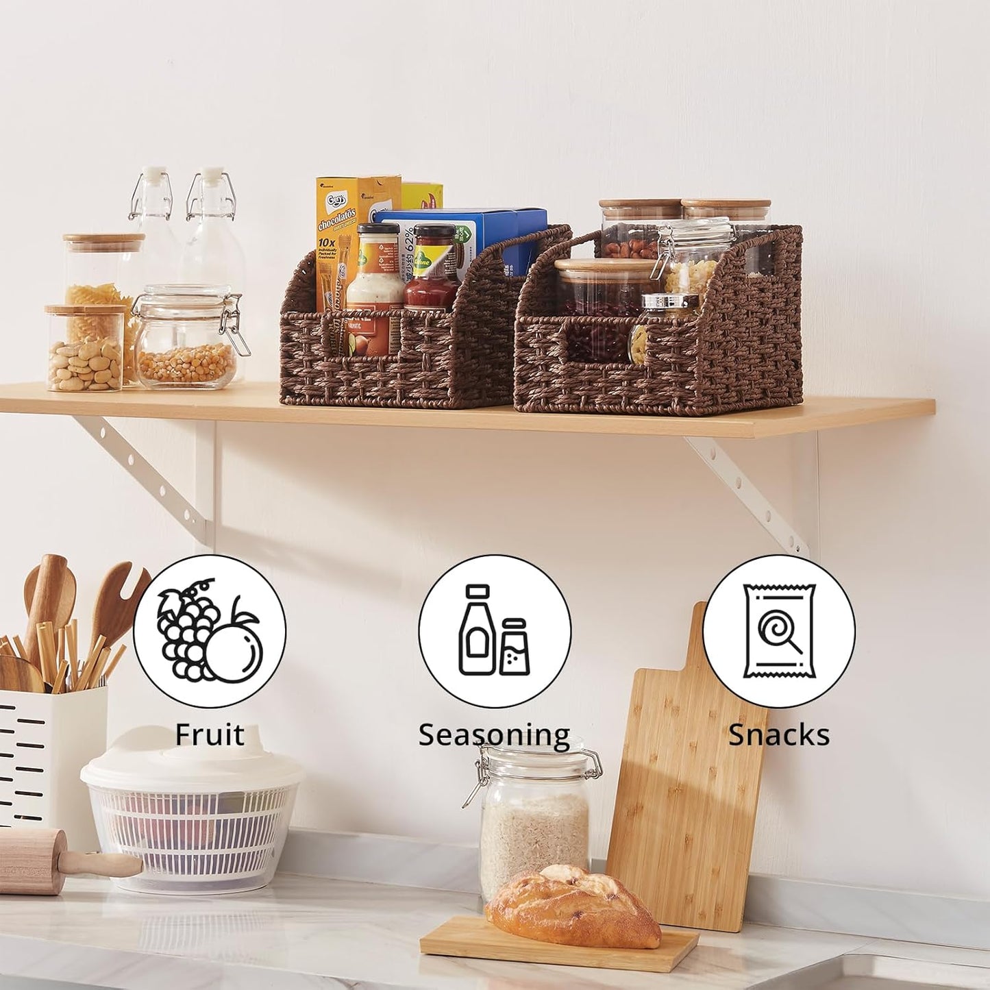 OIAHOMY Pantry Baskets for Organizing, Paper Rope Baskets with Built-in Handles, Wicker Storage Bins for Shelves, 2 Pack-Yellow