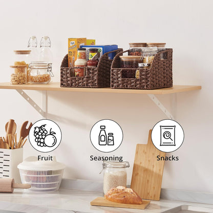 OIAHOMY Pantry Baskets for Organizing, Paper Rope Baskets with Built-in Handles, Wicker Storage Bins for Shelves, 2 Pack-Yellow