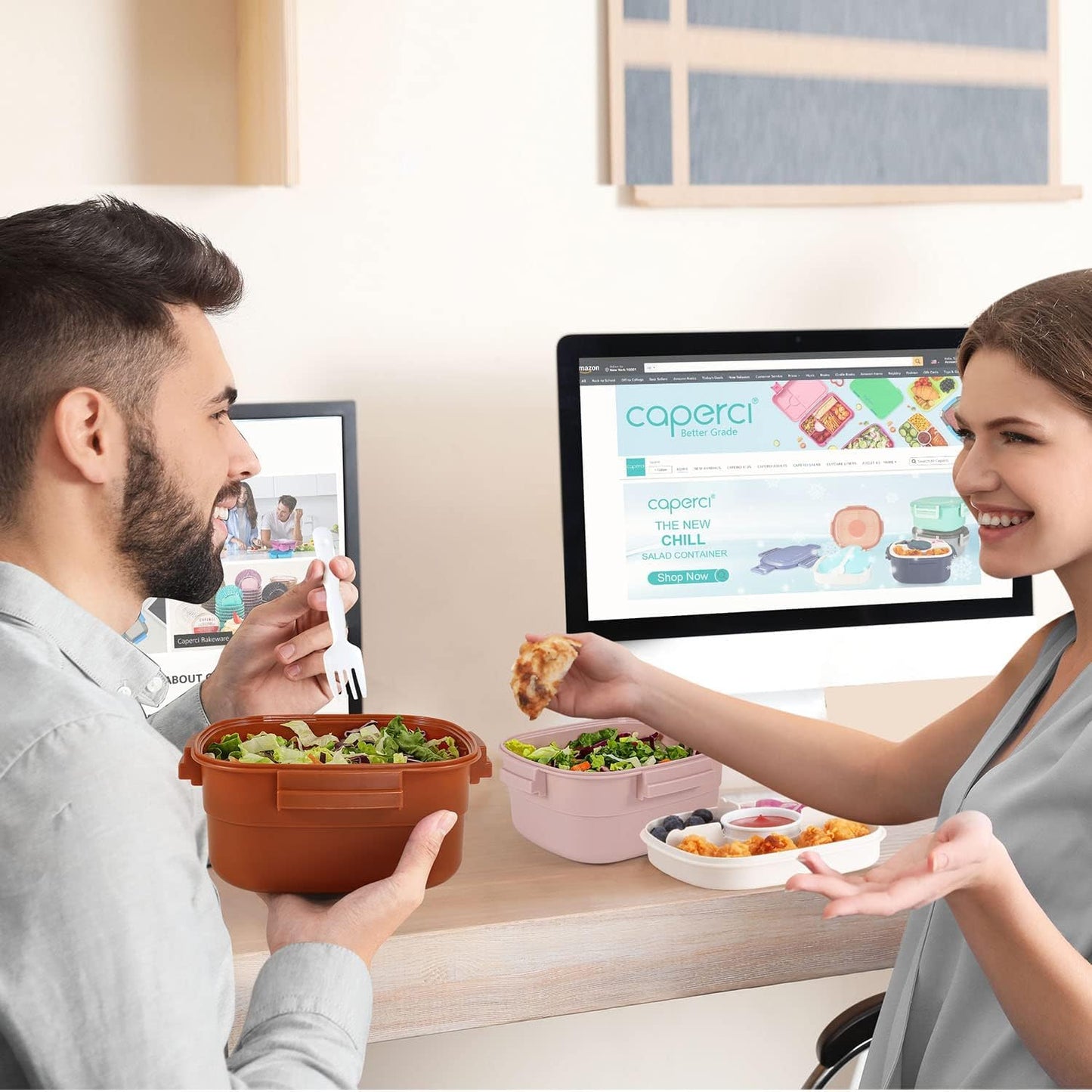 Salad Container for Lunch - 55 oz Salad Bowl with 4-Compartment Bento-Style Tray, 3 oz Sauce Box, Reusable Spork & BPA-Free, Lunch Box for Meal Prep & Food Storage(Gray)