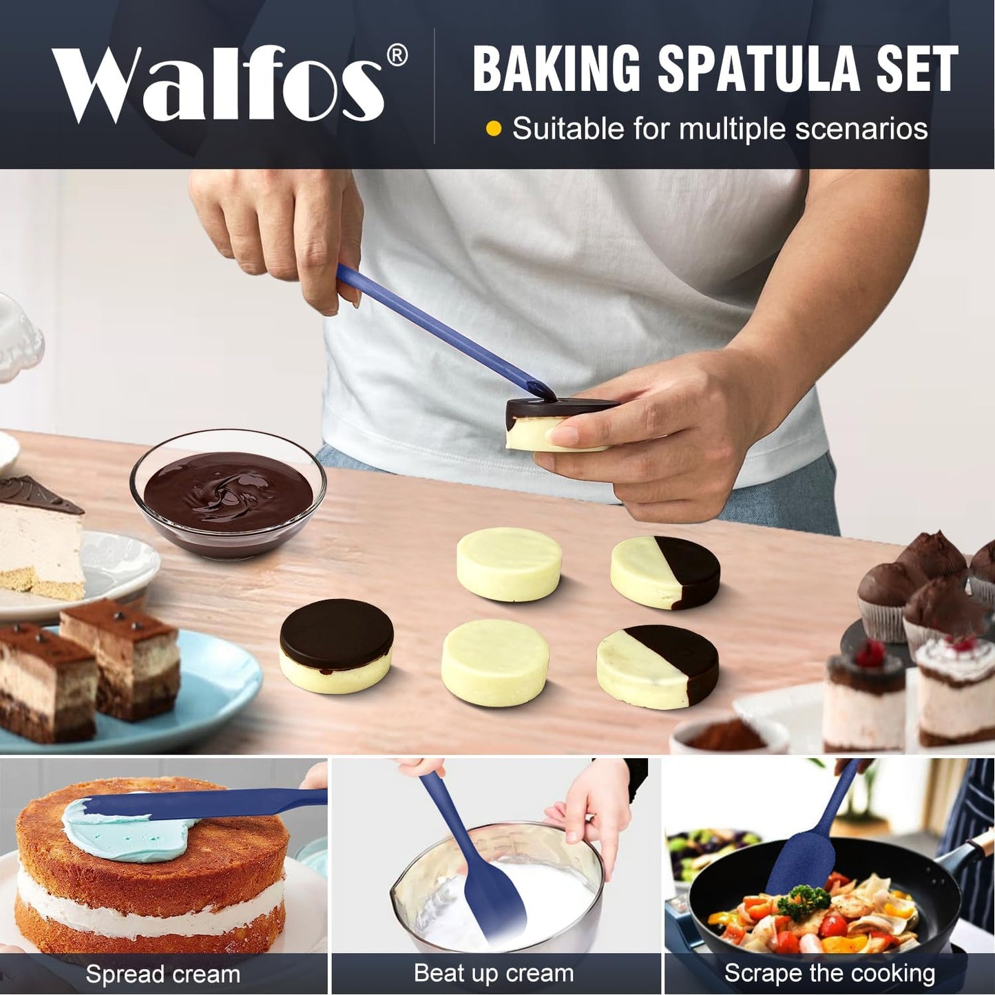 Walfos 600°F High Heat Resistant Silicone Spatula Set of 5- Food Grade Rubber Spatula Set for Baking Cooking & Mixing - BPA Free, Non Stick and Dishwasher Safe,black