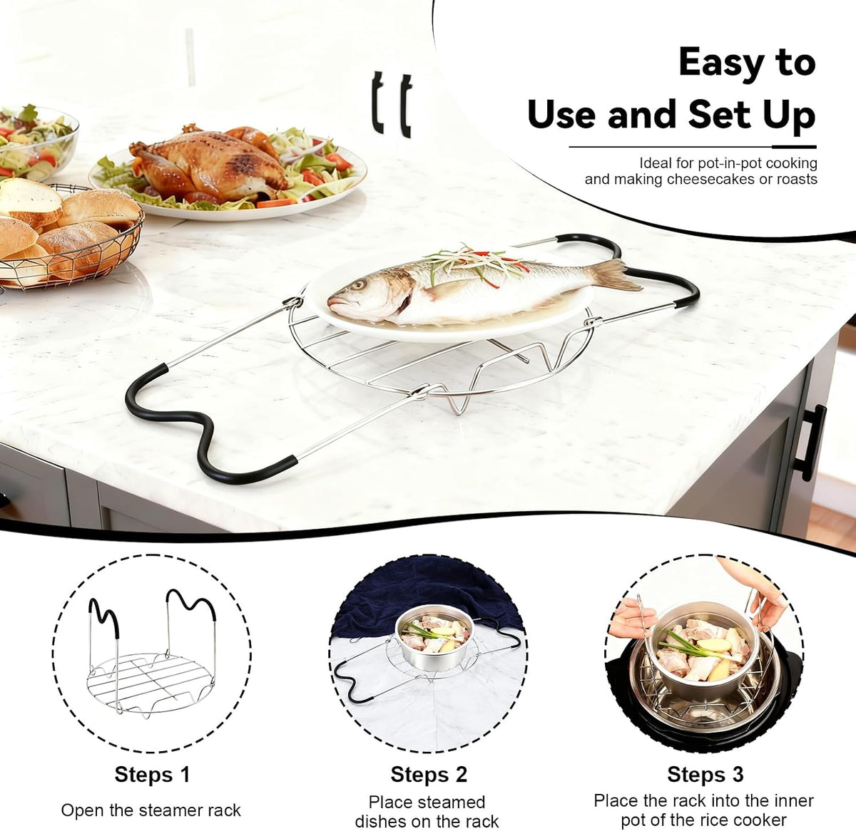 Trivet Compatible with Instant Pot 6 & 8 Qt Pressure Cookers, Steamer Rack with Silicone Handles, Stainless Steel Elevated Cooking Rack for Eggs, Veggies & Meat