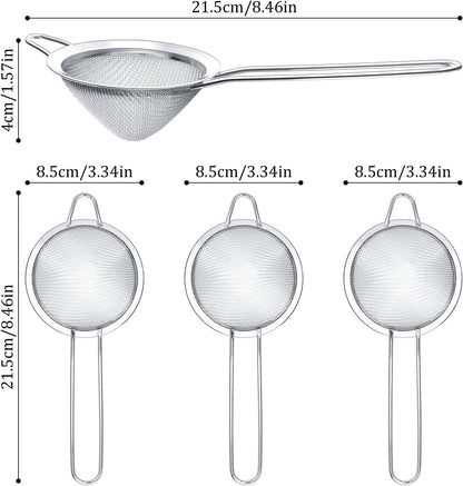 3 Pieces Cocktail Strainer Bar Strainer Fine Mesh Tea Strainer, 3.3 in