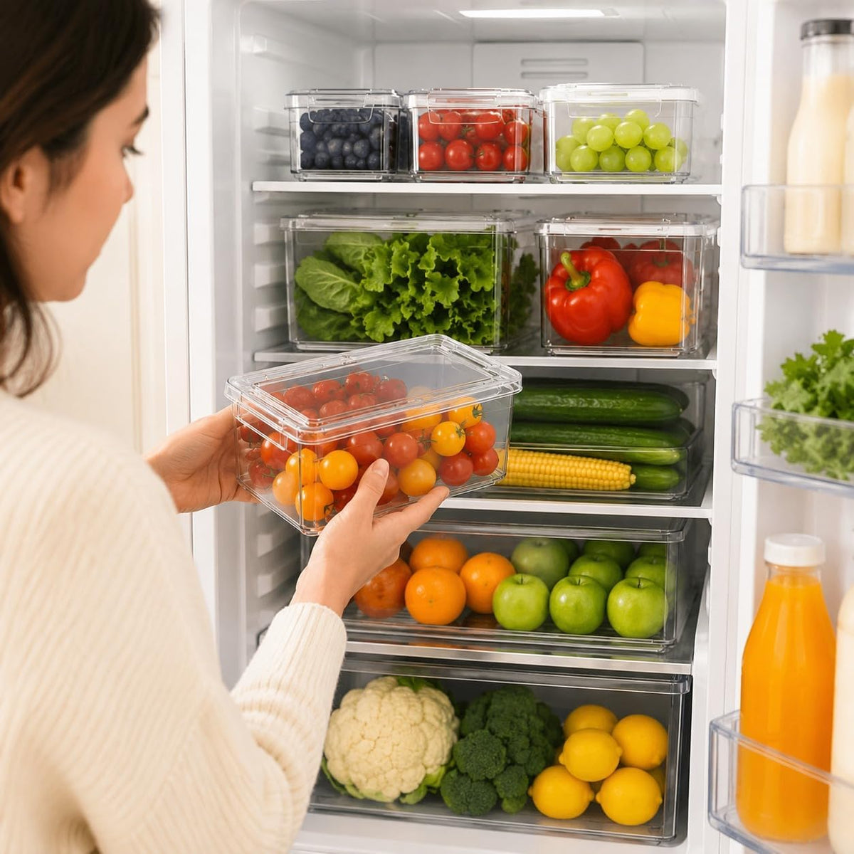 10 Pack Clear Fridge Organizer Bins with Lids, Plastic Storage Totes for Refrigerator, Pantry, Kitchen and Bathroom Vanity, Stackable Food Storage Boxes for Fruits, Vegetables, Cereals and Snacks