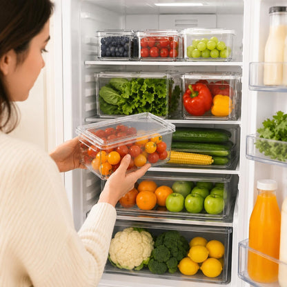 10 Pack Clear Fridge Organizer Bins with Lids, Plastic Storage Totes for Refrigerator, Pantry, Kitchen and Bathroom Vanity, Stackable Food Storage Boxes for Fruits, Vegetables, Cereals and Snacks