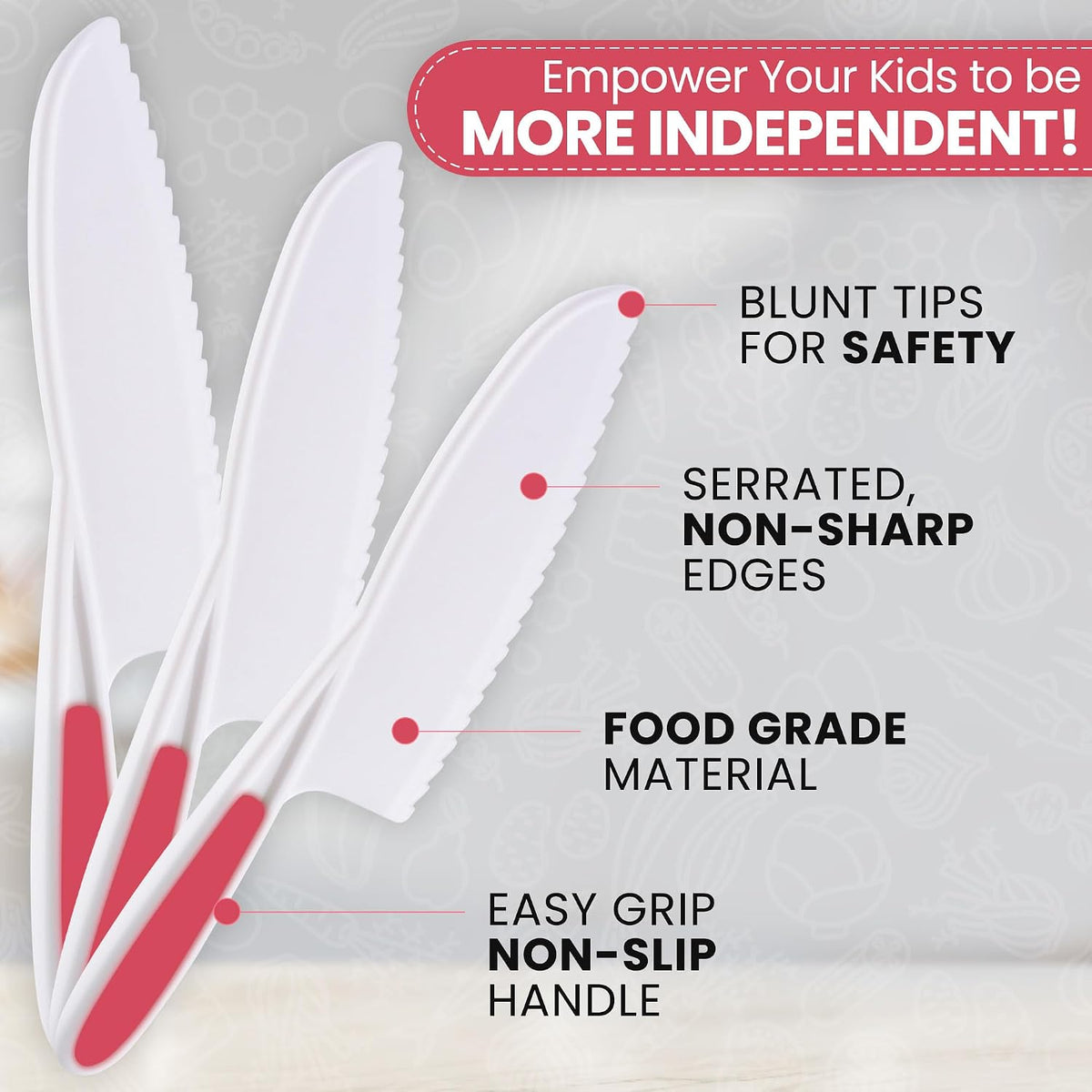 Zulay Kitchen 3-Piece Kids Knife Set for Real Cooking & Baking - Toddler Knives for Cutting Fruits, Veggies, & Cake - Children’s Montessori Knive with Serrated Edges - Safe & Fun Lettuce Knife (Red)