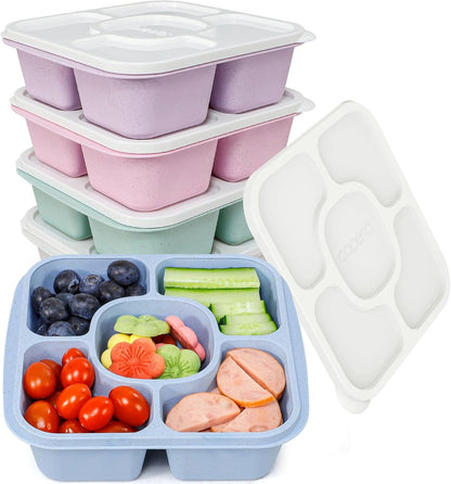 Caperci 5-Pack Lunchable Container Set for Kids & Adults - Reusable Bento Snack Box Containers with 5-Compartment for Food Storage & Meal Prep, Wheat Straw, BPA-Free (Dark & Clear Lids)