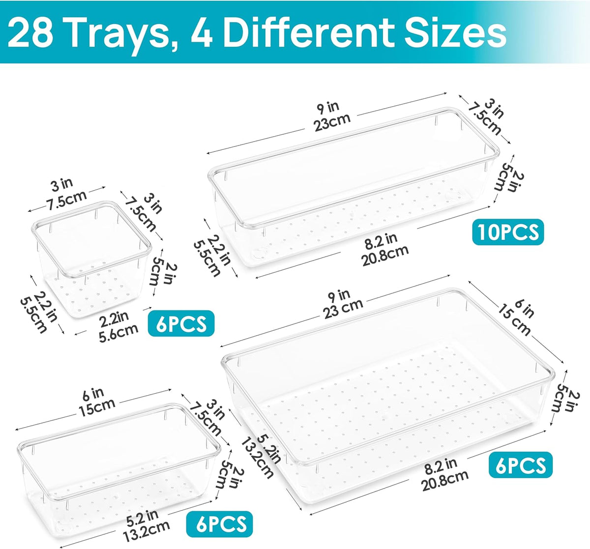 Vtopmart 25 PCS Clear Plastic Drawer Organizers Set, 4-Size Versatile Bathroom and Vanity Drawer Organizer Trays, Storage Bins for Makeup, Bedroom, Kitchen Gadgets Utensils and Office