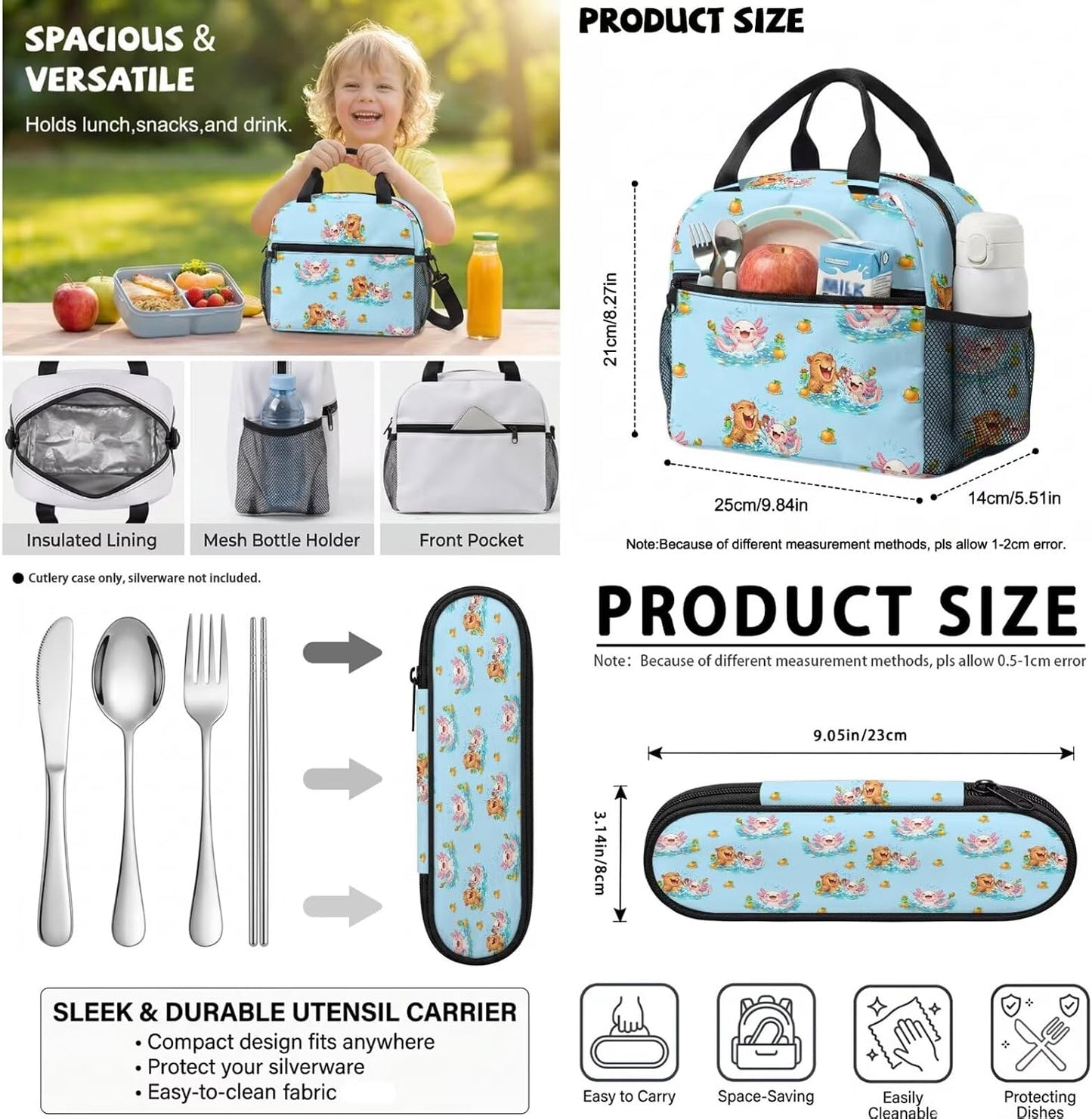 Cute Capybara Pizza Backpack for Girls, 5 Pcs Boys School Bag Set for Kids, 17 Inch Backpacks Lunch Pencil Box Reusable Utensils Case Set for Middle Elementary School, 3rd Grade Backpack