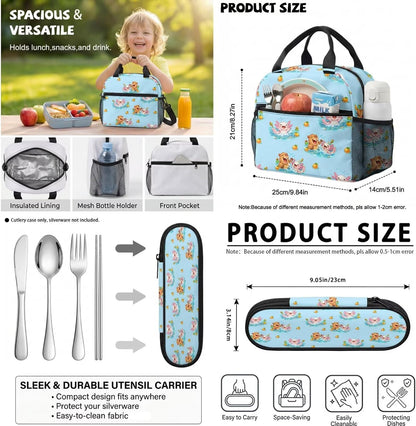 Cute Capybara Pizza Backpack for Girls, 5 Pcs Boys School Bag Set for Kids, 17 Inch Backpacks Lunch Pencil Box Reusable Utensils Case Set for Middle Elementary School, 3rd Grade Backpack