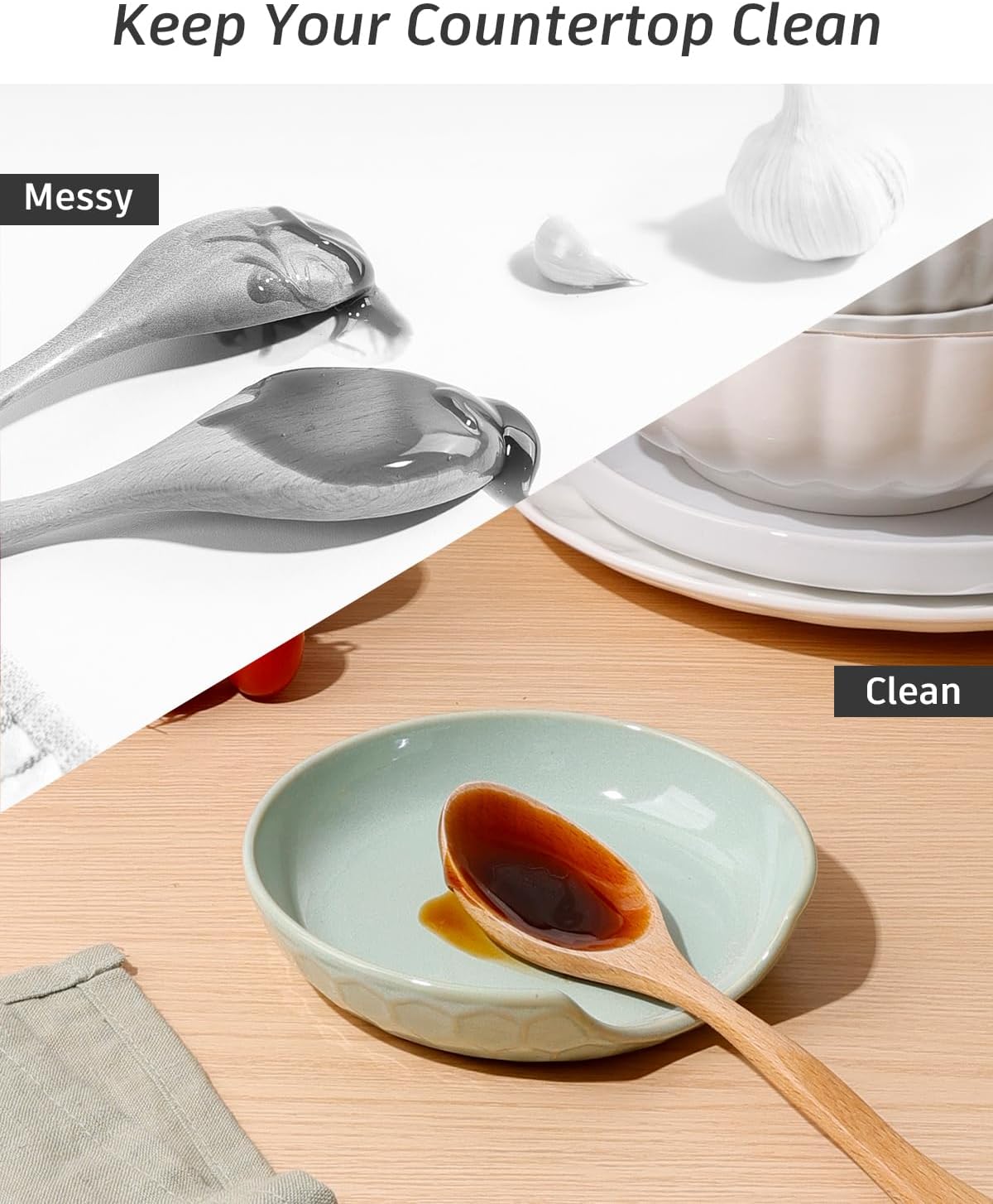Ceramic Spoon Rest with Egg Cracker, Reactive Glaze Blue