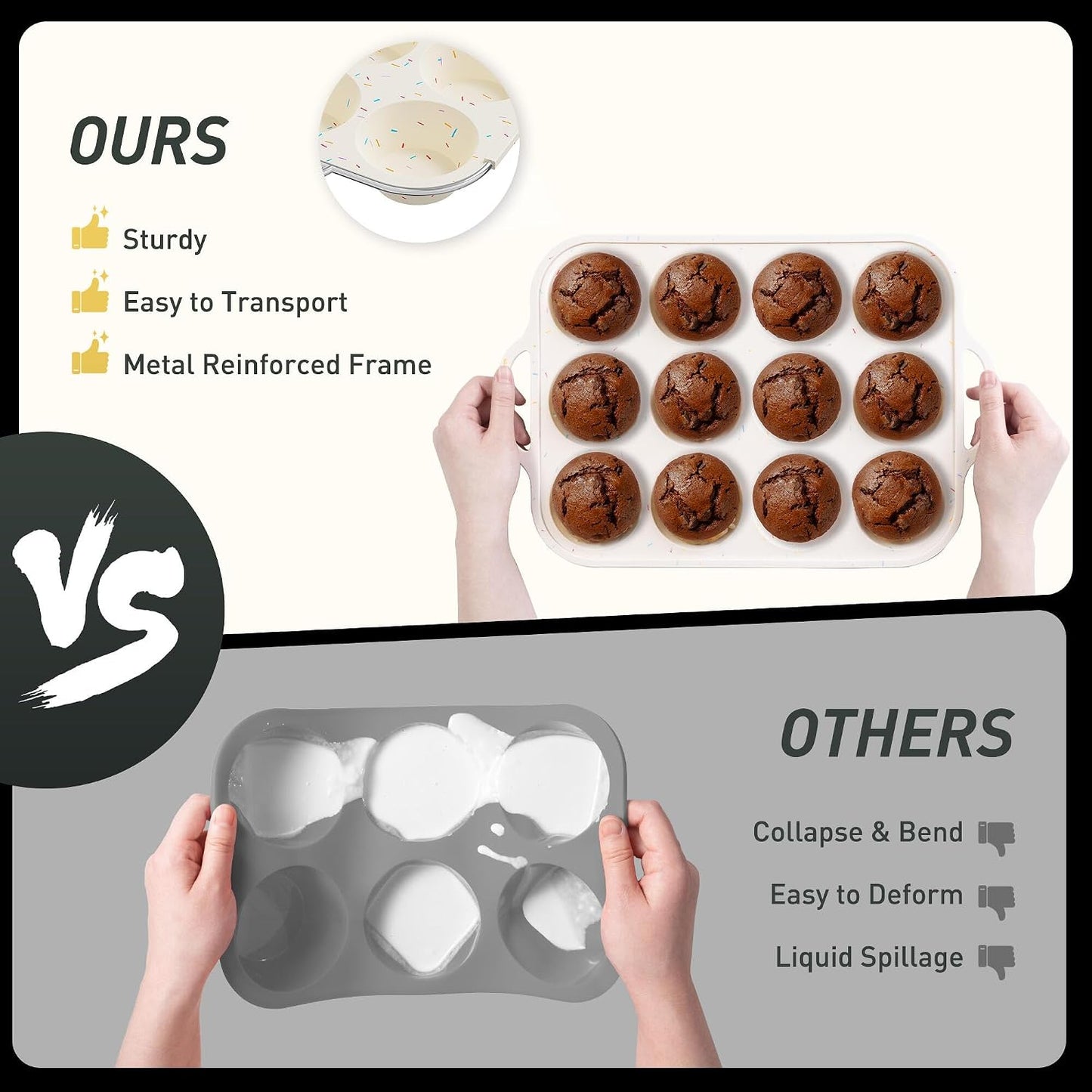 2 Packs 12 Cups Silicone Muffin Pan for Baking with Metal Reinforced Frame Regular Size Cupcake Pan Tray Egg Bites Silicone Cookie Molds Muffin Tin Tart Pans Sheet Set for Oven Dishwasher Safe