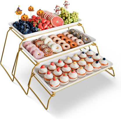 3-Tier Melamine Serving Tray Set, 11.5" x 5.6" Platters for Serving Food, Black Reusable Trays with Black Metal Display Stand for Cupcakes, Sevring Food, Dessert, Fruit, Cookie, Gold