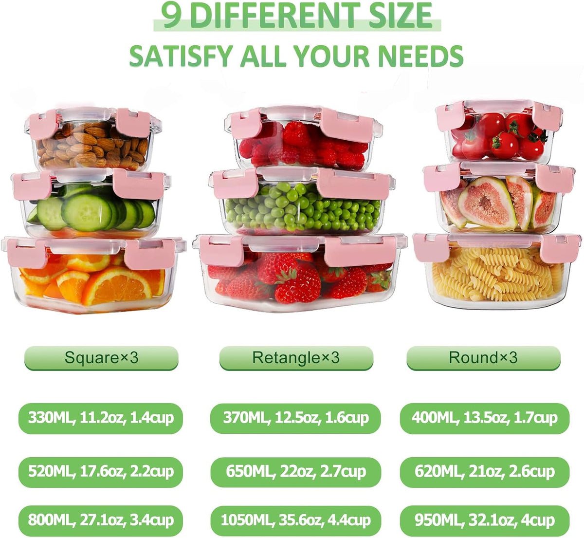 HOMBERKING 18 Piece Glass Food Storage Containers with Lids, Glass Meal Prep Containers, Airtight Lunch Bento Boxes, BPA-Free & Leak Proof, Oven, Freezer and Dishwasher Safe (9 lids & 9 Containers)