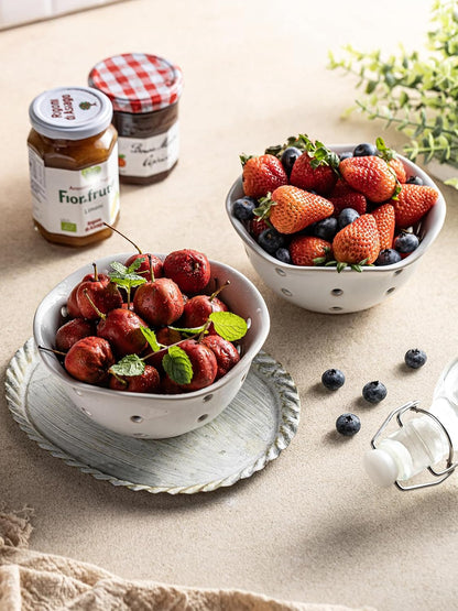 Gomakren Berry Bowls with Holes Ceramic, Berry Washing Bowl Basket Set of 2, 5.8 Inch Round Fruit Bowl Storage Containers, Strawberry Baskets, Farmhouse Kitchen Decor, Yellow + Brown