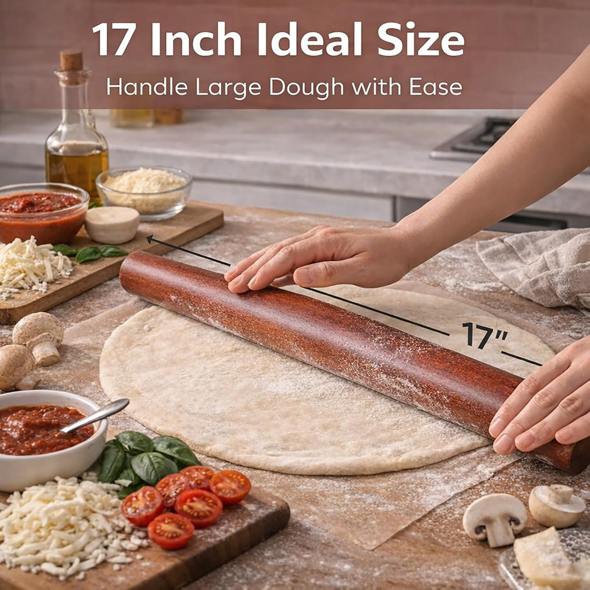 17 Inch French Rolling Pin, Wooden Dough Roller for Baking, Solid Wood Tapered Rolling Pin for Pizza, Pie Crust, Cookies, Pastry, Non-Stick, Easy Control Kitchen Baking Tool, Beech Wood