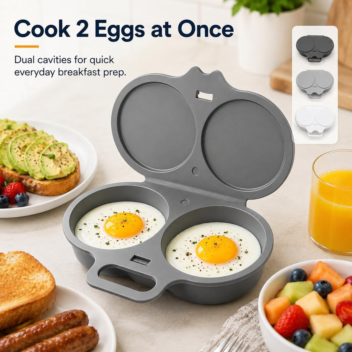 Dual Cavity Microwave Egg Poacher, 2027 New 2-Egg Cooker with Lid，Dark Grey