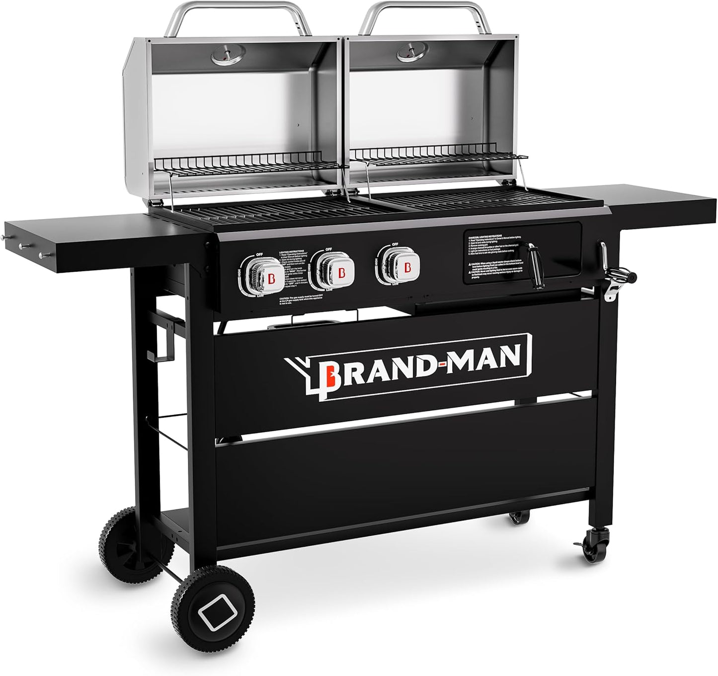 Brand-Man Propane Gas and Charcoal Grill Combo,Grill and Griddle Combo Dual Fuel BBQ Grill with Dual Lids for Outdoor Barbecue, Black