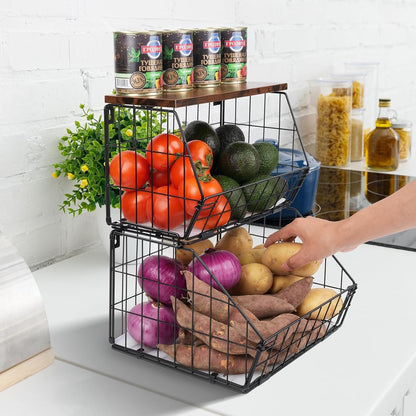 White Fruit Bowl Wire Basket Storage Pantry Fruit and Vegetable Storage Fruit Basket for Kitchen Counter Stackable Wall Mounted Hanging Basket Wire Basket with Wood Lid with Hanger Hooks