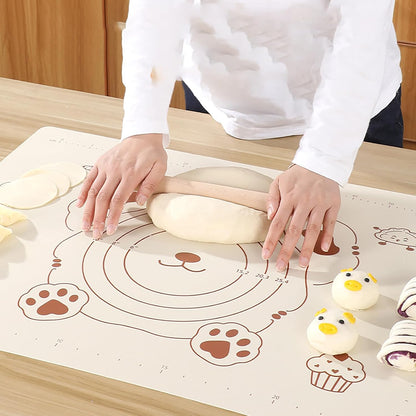 Silicone Dough Mat and Scraper, 25.6 Inch x 17.7 Inch Beige Pastry Mat with Size Scale, Anti Stick and Anti Slip Mat for Kneading Baking in Ketchen, Picnic and Party (L)