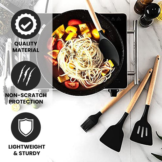 Silicone Cooking Utensils Set kitchen Utensils Set Wooden Handle Spoons Turner Brush Tong Soup Ladle Pasta Heat Resistant Non Stick Kitchen Utensils Heat Resistant Gadget Set With Holder BPA Free