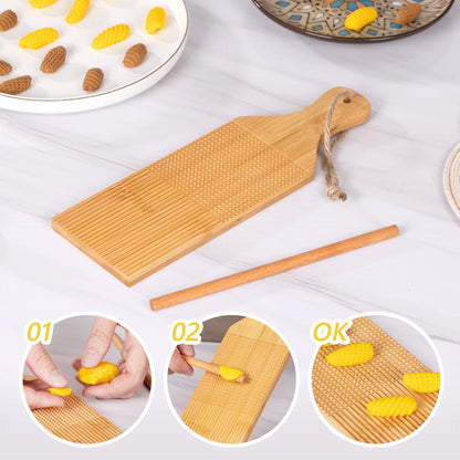 2 In 1 Gnocchi Board Combo Ridged Crosshatched Shaped pasta Cavatelli Board Garganelli Board Pasta Dough Shaping Tool Gnocchi Paddle Bamboo Butter Paddles Kitchen Gift Ideas