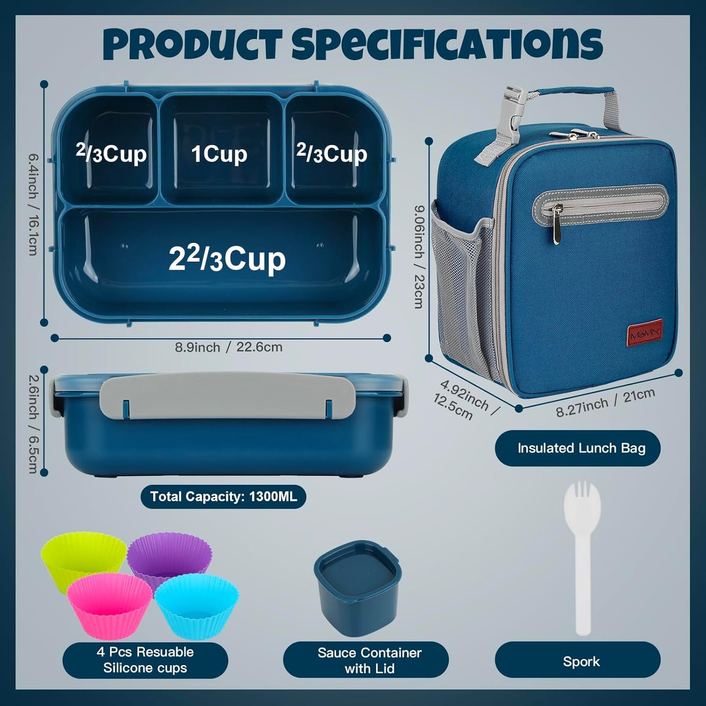 MaMix Bento Lunch Box for Kids, Lunchable Containers for Kids Adults with 4 Compartments + Lunch Bag, with Utensils, Sauce Jar, Muffin Liners (blue set)
