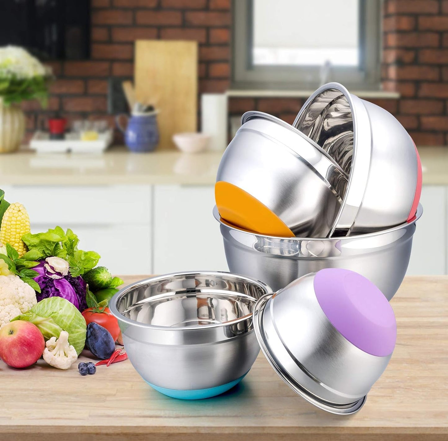 P&P CHEF Mixing Bowls with Lids Set of 5, Stainless Steel Nesting Salad Bowl with Lid & Base for Non-slip Mixing Prepping Storing Serving, 5 Sizes-7/3.5/2.5/1.5/1 QT, Khaki