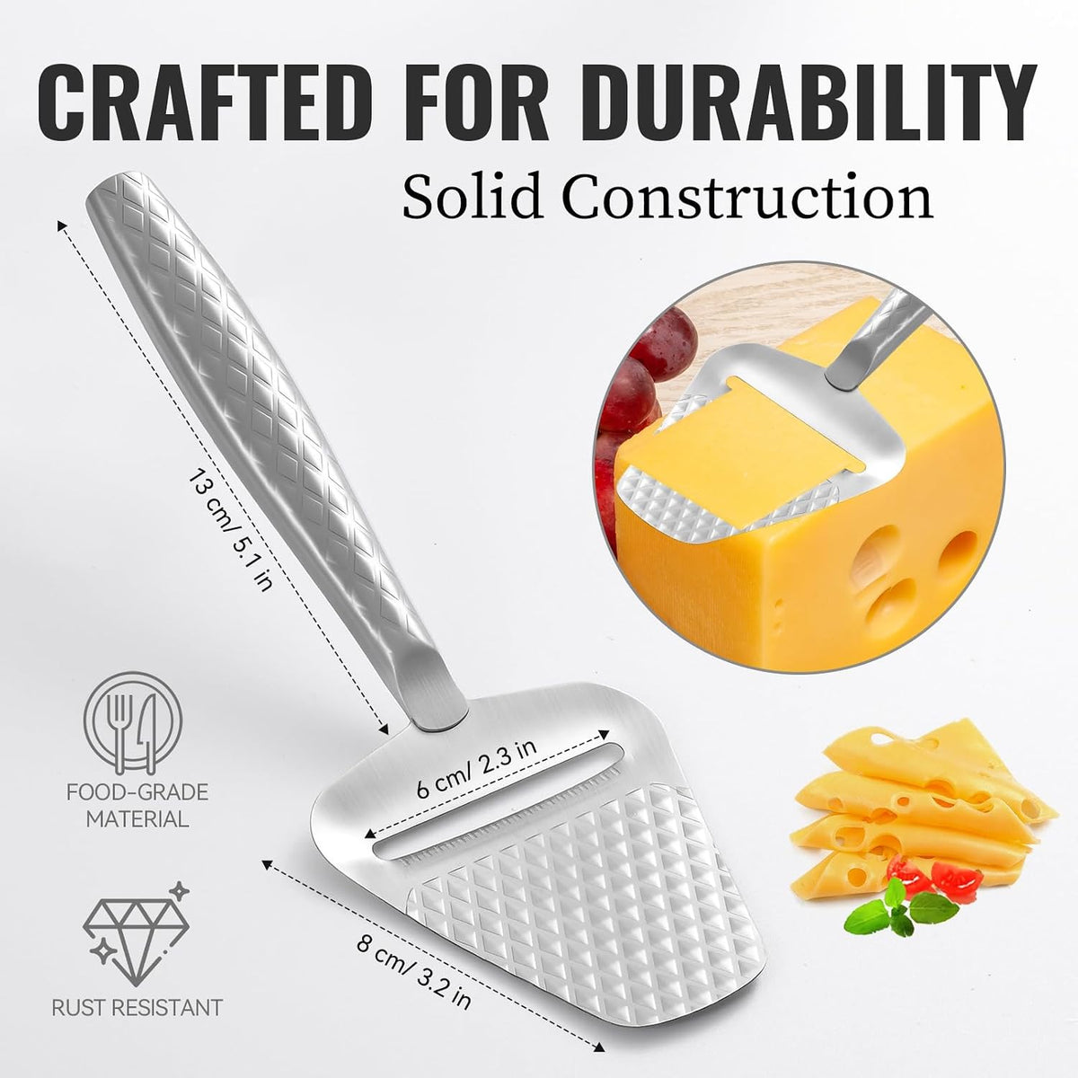 Stainless Steel Cheese Slicer – Effortless Slicing for All Cheeses – Premium Handheld Cheese Cutter – Cheese Plane for Block Cheese – Quilted Pattern Reduces Resistance, Non-Stick & Ergonomic Grip
