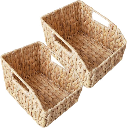 2Pcs Woven Basket, Water Hyacinth Wicker Storage Basket with Build-in Handle Rustic Pantry Baskets Organizer for Kitchen Shelves Organizing