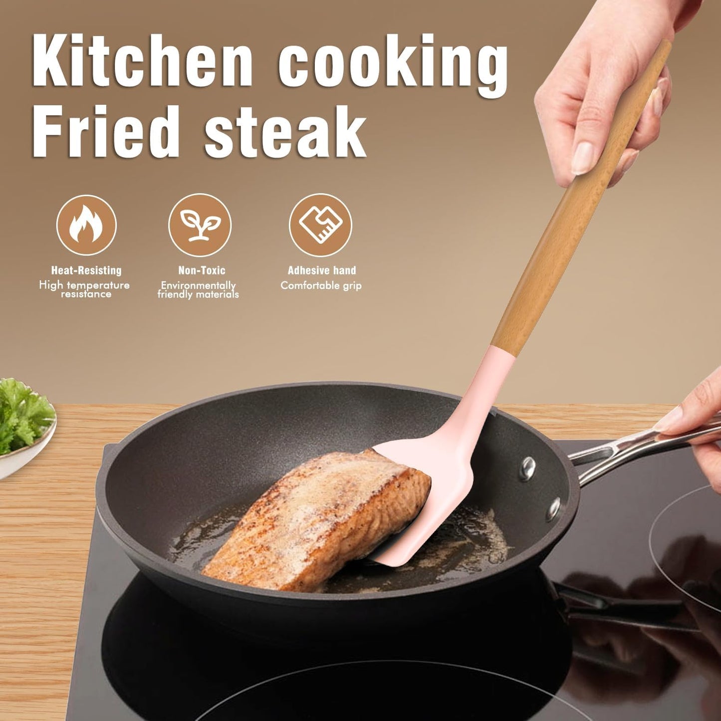 Silicone Cooking Utensils Set - AVGPD Silicone Kitchen Utensils for Cooking Wooden Handles, 446°F Heat Resistant Kitchen Utensil Spatula Sets, Gadgets for Non-Stick Cookware BPA FREE (Black)