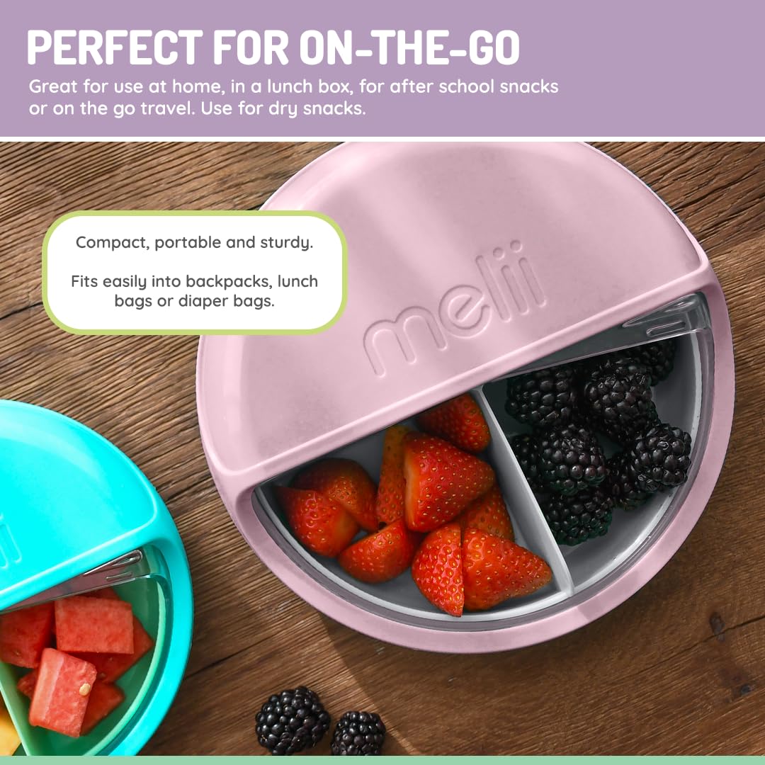 melii Spin Snack Container | 3-Compartment Rotating Snack Box with Sliding Window, BPA-Free, Dishwasher Safe, Portable Snack Container for Kids Ages 3+ (Blue)