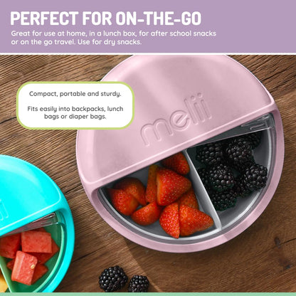 melii Spin Snack Container | 3-Compartment Rotating Snack Box with Sliding Window, BPA-Free, Dishwasher Safe, Portable Snack Container for Kids Ages 3+ (Blue)