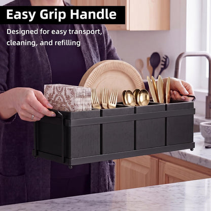 Silverware Caddy for Party, Wood Utensil Caddy with 4 Removable Compartments for Kitchen Countertop Organizing Paper Plate, Fork, Spoon, Napkin