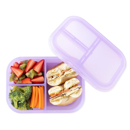 Bumkins Snack/Lunch Bento Box for Kids and Adults, 3 Compartment Container, Leak Proof Lid, for Portioning, Large Section Can Hold Sandwich, Food-Safe LFGB Platinum Silicone, Microwave-Safe, Pink