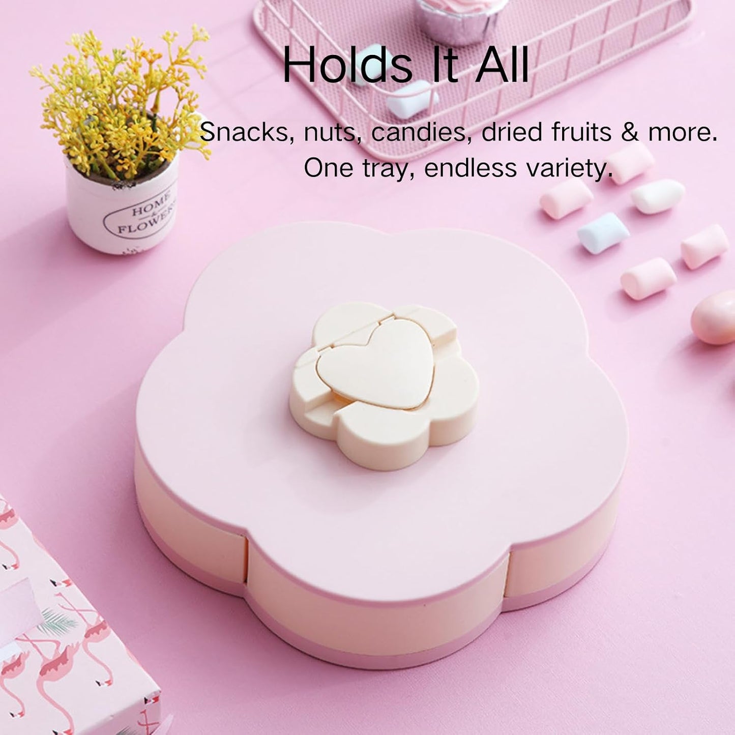 Flower-Shaped Divided Serving Tray that Spins – 5-Compartment Rotating Snackle Box Container with Lid, Decorative Round Veggie & Fruit Platter, Lazy Susan for Kitchen, Party, Gift (BPA-Free) (Red)