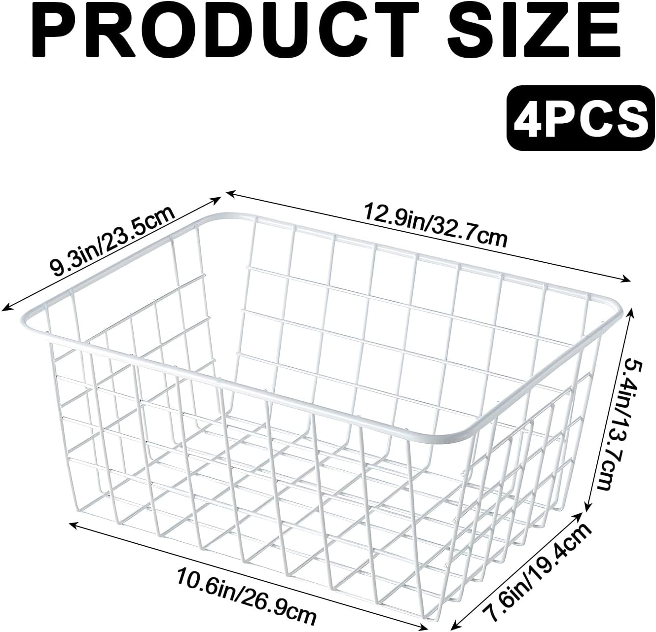 White Wire Storage Baskets,11.1"x8.7"x4.7"Wire Freezer Storage Organizer Bins Farmhouse Metal Freezer Basket with Handles for Cabinets, Pantry, Closets, Bedrooms,White,4 Pack