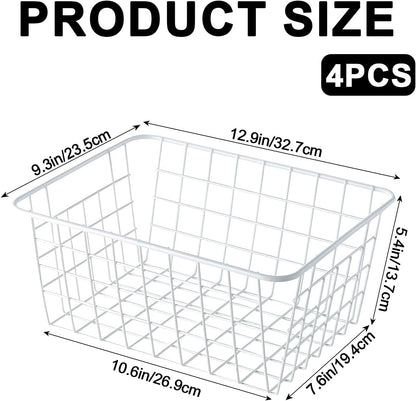 White Wire Storage Baskets,11.1"x8.7"x4.7"Wire Freezer Storage Organizer Bins Farmhouse Metal Freezer Basket with Handles for Cabinets, Pantry, Closets, Bedrooms,White,4 Pack