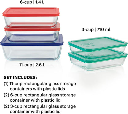 Pyrex Simply Store (12-Pack) Glass Food Storage Containers Set, (1, 2, & 3 Cup) Meal Prep Containers with Plastic BPA-Free Lids, Dishwasher & Microwave Safe